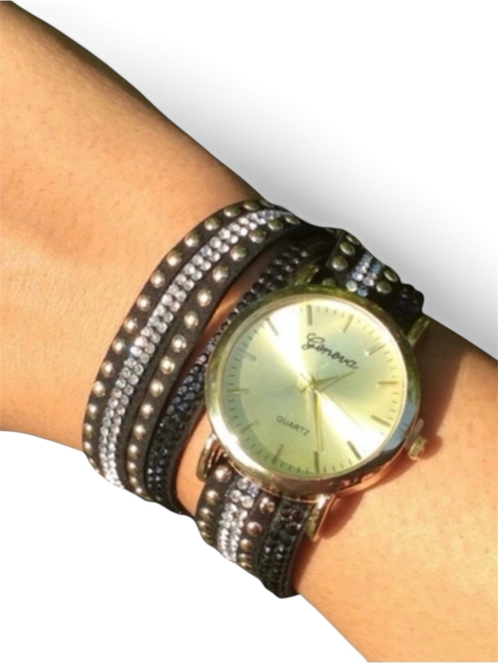 Geneva Gold-Tone Face Wrap Around Watch with Black Crystal Strap